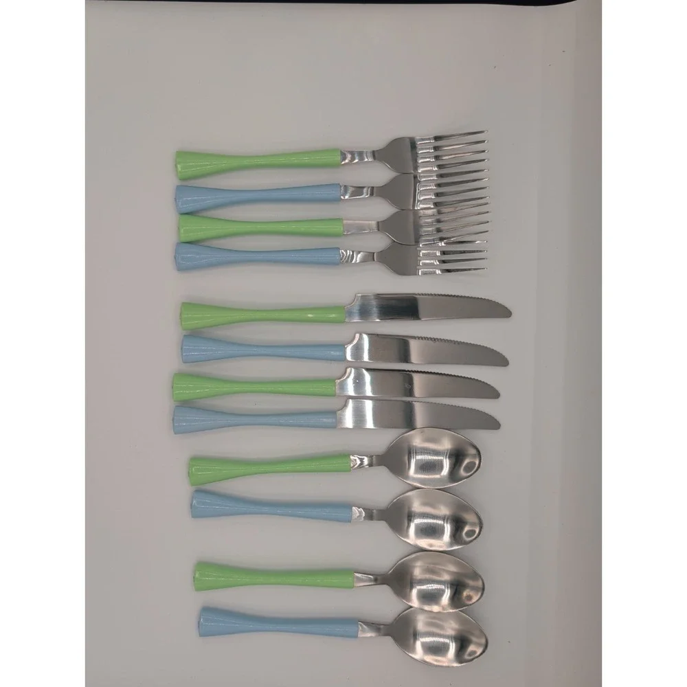 12pc Stainless Steel Flatware Set Mint Green Sky Blue Forks Knives Spoons